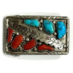 Signed - Angelita Cheama Zuni Vintage Turquoise Coral Sterling Belt Buckle